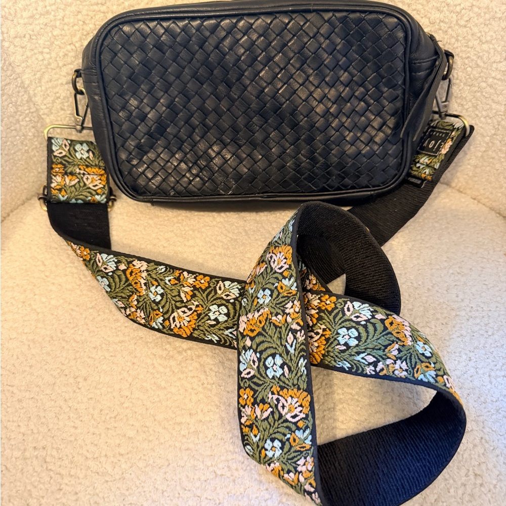 Black Woven Crossbody Bag with Floral Strap